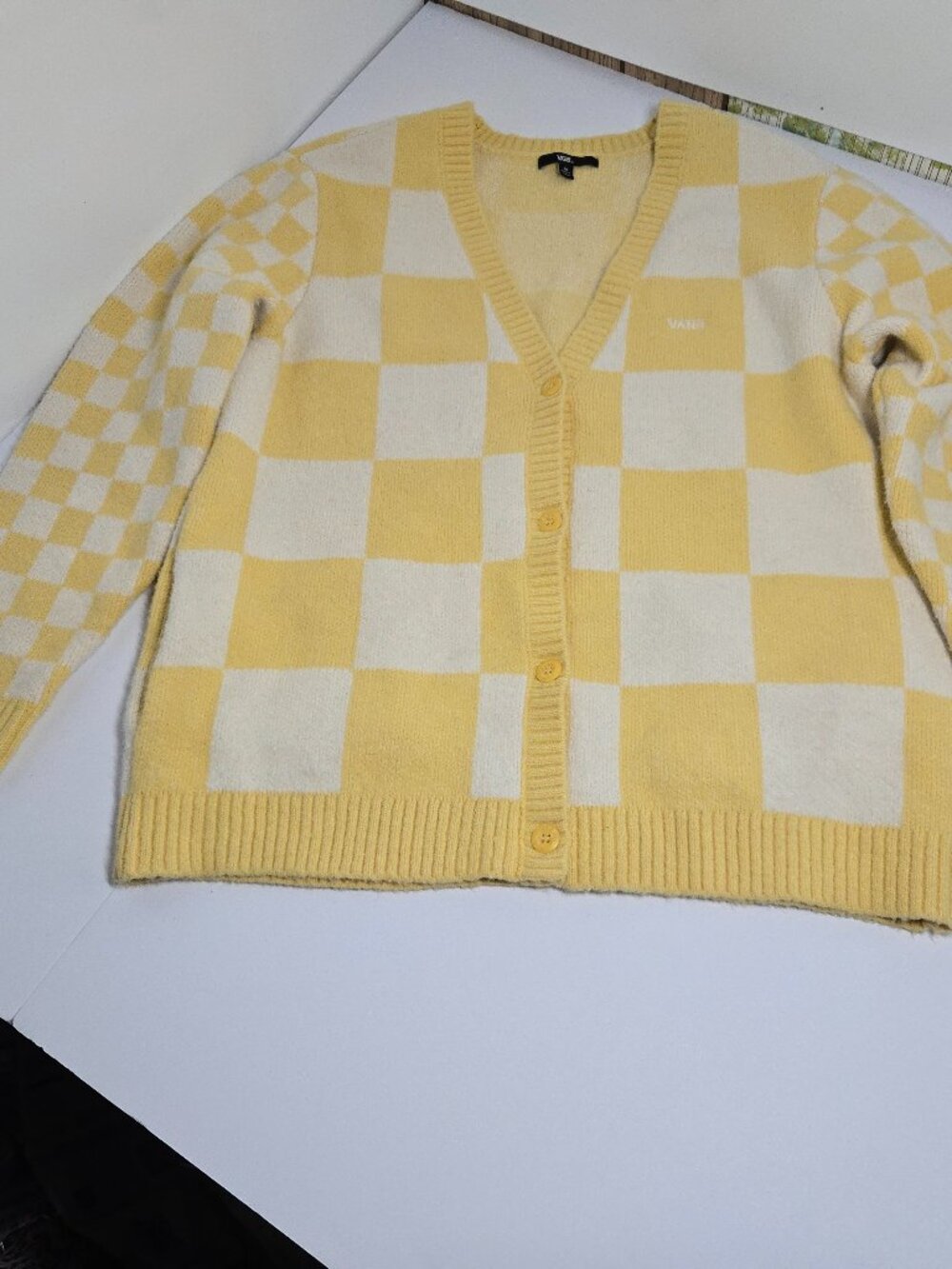 Vans Yellow and White Checkerboard Jacquard Cardigan Sweater-Unisex Size Medium